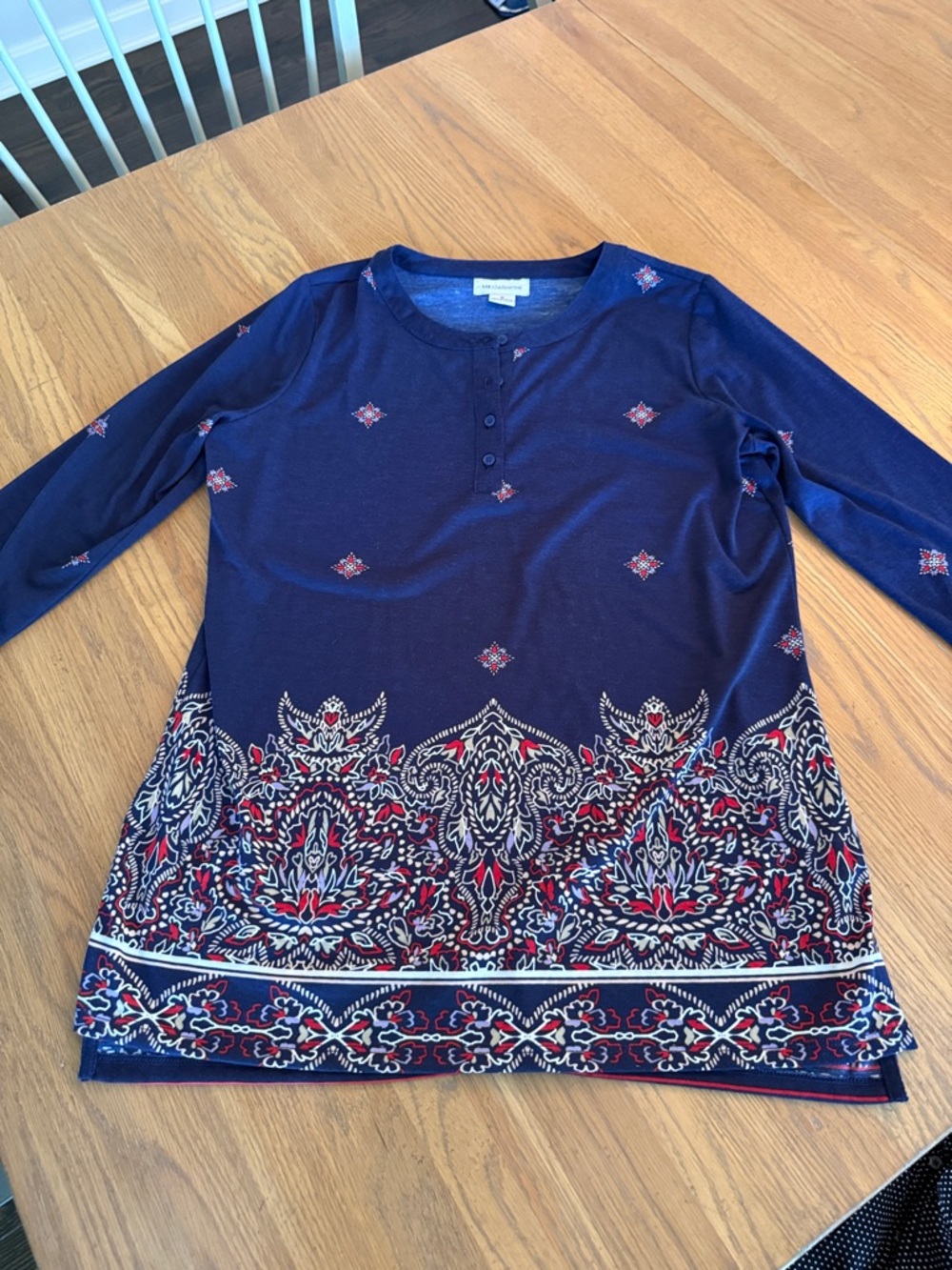 Navy Blue Long-Sleeve Henley Top with Red & White Paisley Trim